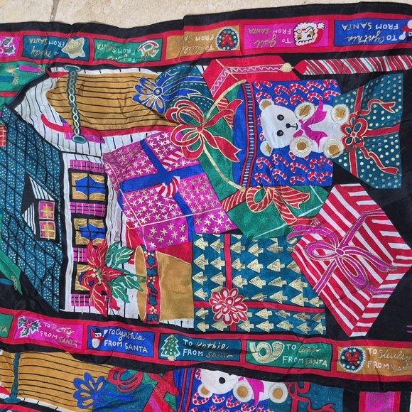 Vintage VERA christmas Tree Oblong Scarf Metallic Gold Trim Multicolor Silk Wrap - Picture 3 of 5